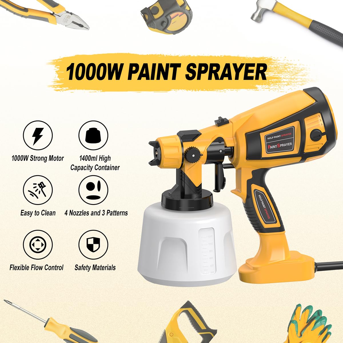 MirrorZone Paint Sprayer Tool 800W Electric Spray Gun Yellow for Furniture