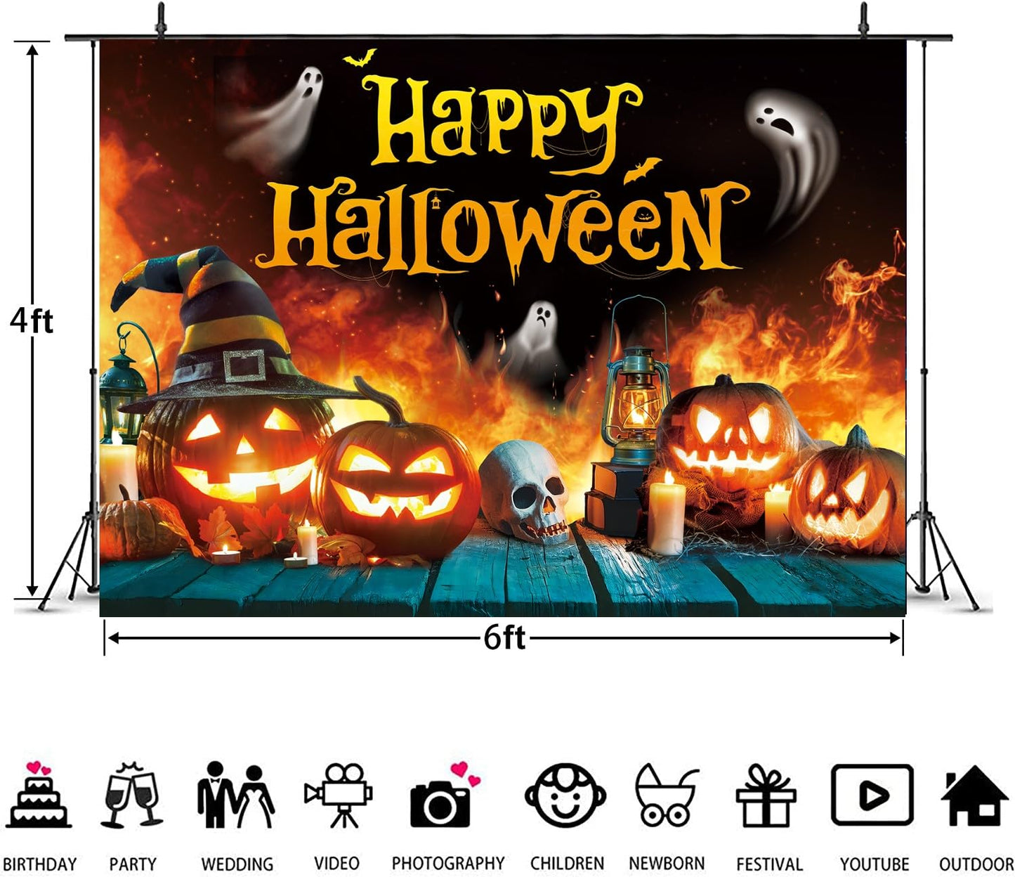 Happy Halloween Backdrop Ghost Pumpkin Flame Haunted House Party Banner 6x4FT