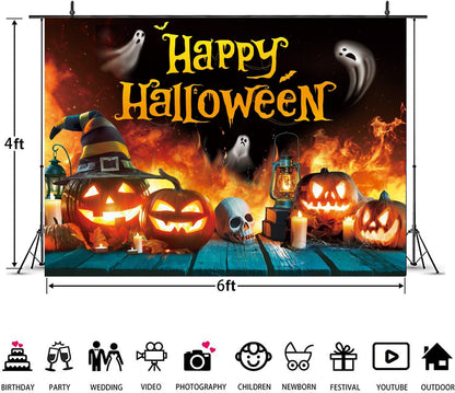 Happy Halloween Backdrop Ghost Pumpkin Flame Haunted House Party Banner 6x4FT