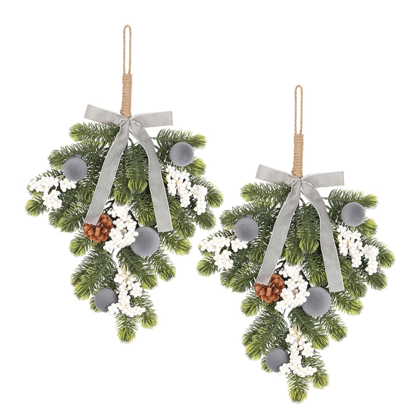 Super Holiday Christmas 2PCS Artificial Green Plant Wreaths Grey Velvet Bow