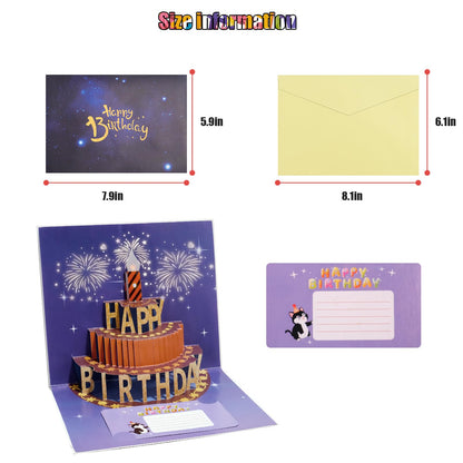 CANREVEL 3D Pop Up Fireworks Birthday Card LED Music Orange Cake Color