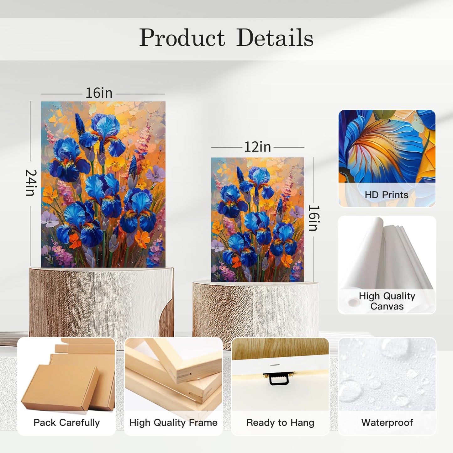 HTTART Blue Iris Flower Oil Painting Wall Art Van Gogh Style 12x16 Set of 3