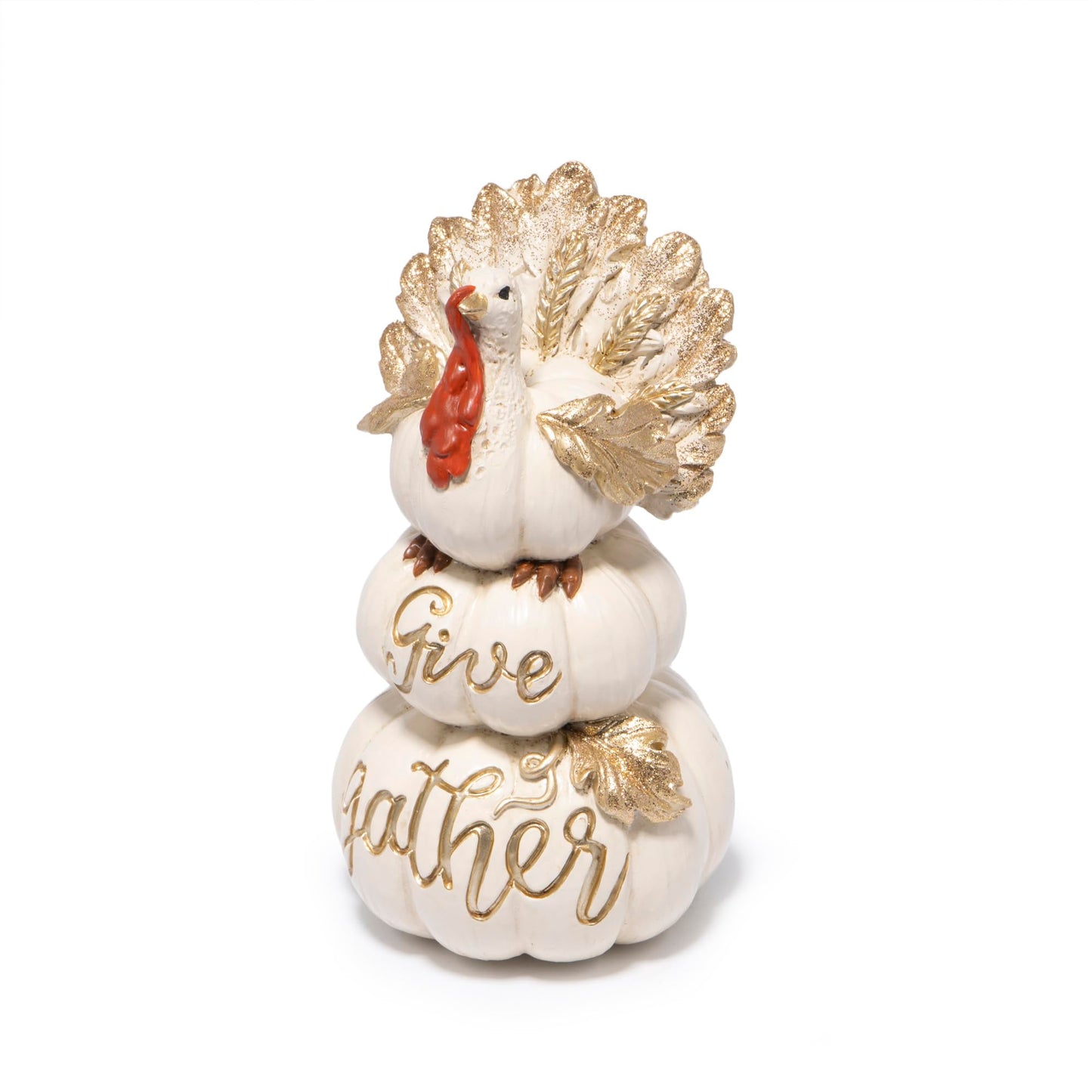 Hodao Thanksgiving Pumpkin Turkey Figurine 3 Stacked Pumpkins White Resin