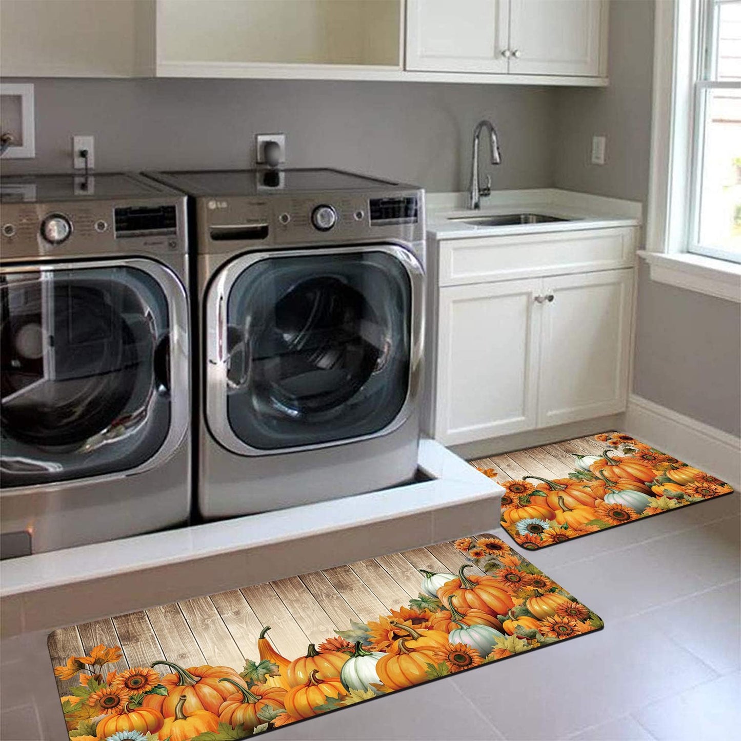 APROPHIC Fall Pumpkin Kitchen Mat Rugs Set of 2 Non Slip Washable 16x24+16x41