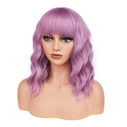BATISI Lavender Pink Wavy Bob Synthetic Wig Short Shoulder Length Bangs