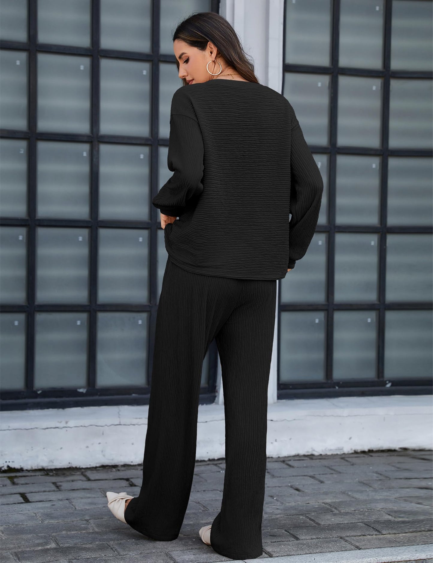 Amoretu Women's Lounge Set V Neck Top Wide Leg Drawstring Pants Black Size L