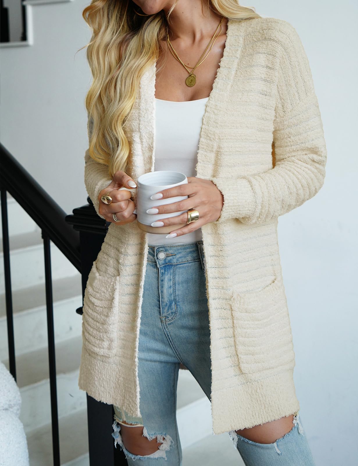 CiCiBird Women Long Fuzzy Knit Cardigan Sweater Open Front Beige Size XL