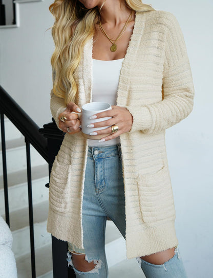 CiCiBird Women Long Fuzzy Knit Cardigan Sweater Open Front Beige Size XL