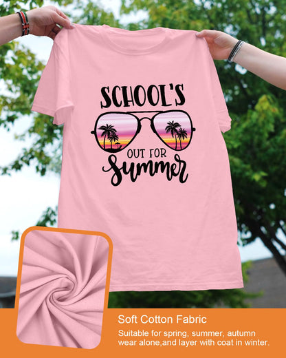 Flafens School's Out Summer Beach Graphic Teacher Shirt Cotton Short Sleeve L