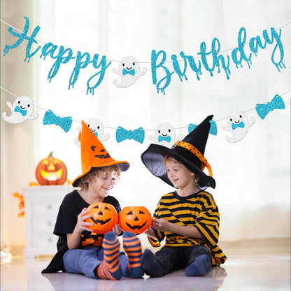 Vofrise Blue Halloween Birthday Banner Glitter Bow Tie Ghost Garland
