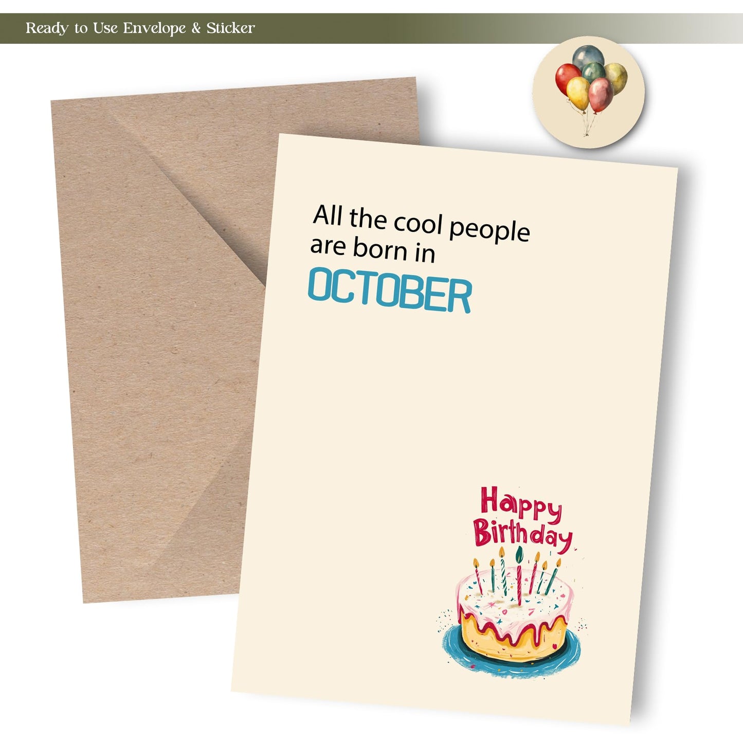 MOSSSH October Birthday Cards with Envelope Sticker Black Letter Print