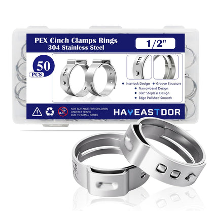 HayEastdor 50PCS 1/2" PEX Cinch Crimp Clamp Rings 304 Stainless Steel