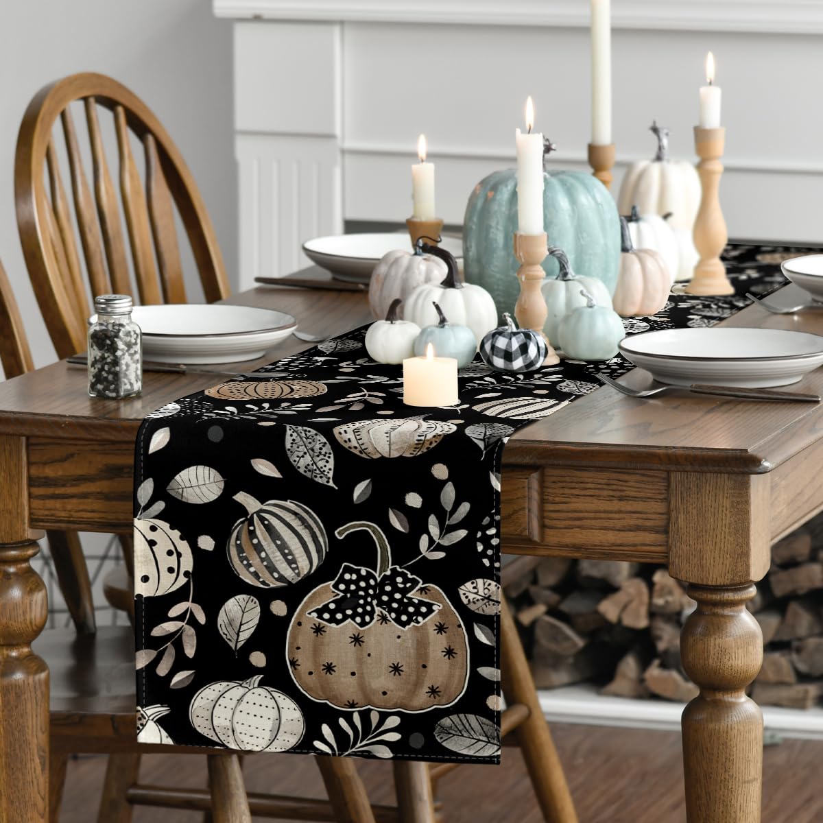 Artoid Mode Harvest Pumpkin Darkness Floral Table Runner Black 13x90 Inch