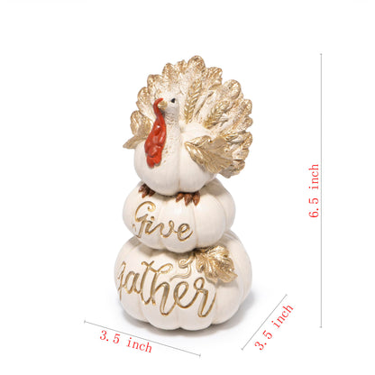 Hodao Thanksgiving Pumpkin Turkey Figurine 3 Stacked Pumpkins White Resin