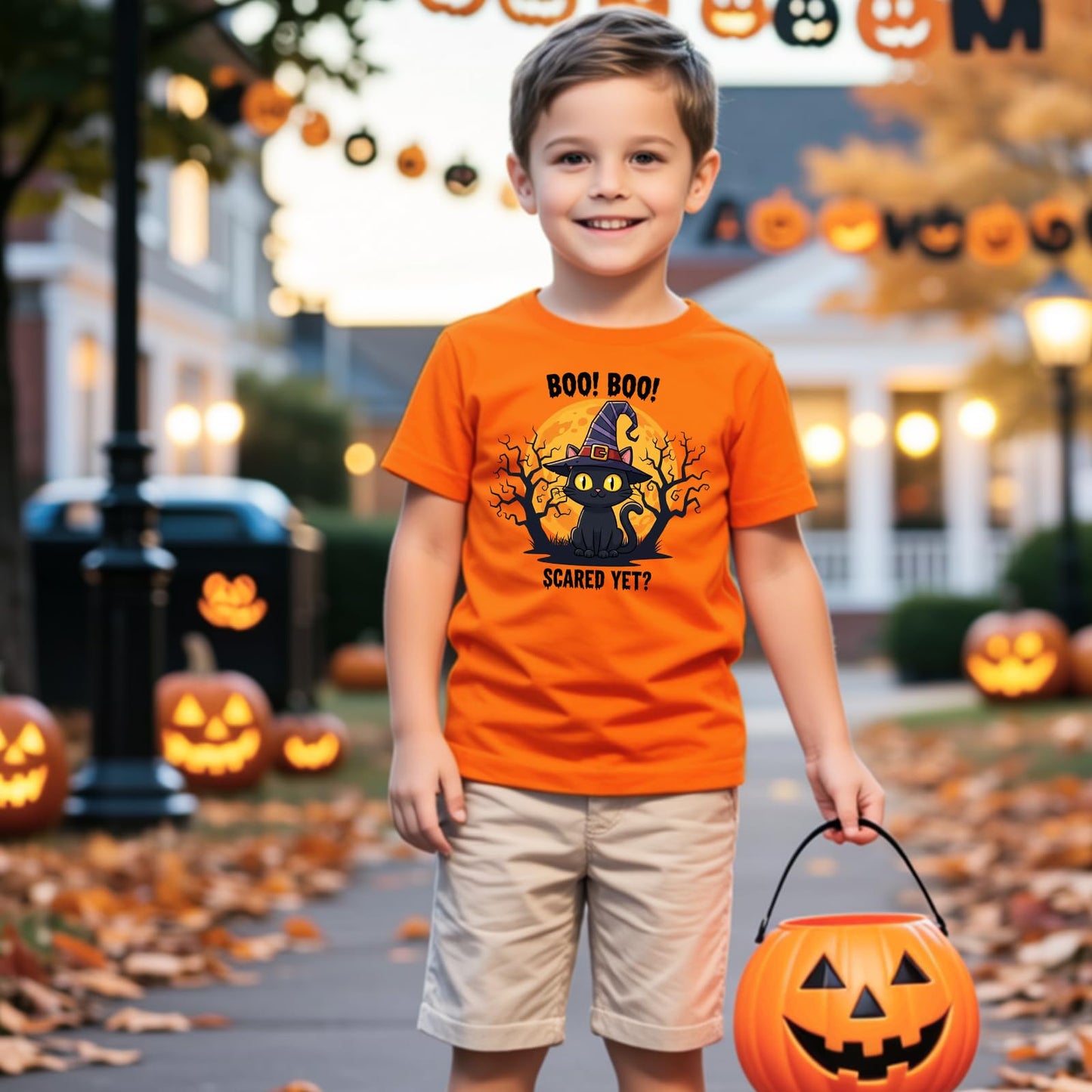 HELLO MEOW Halloween Boys T Shirt Orange Black Cat Size 4-5T