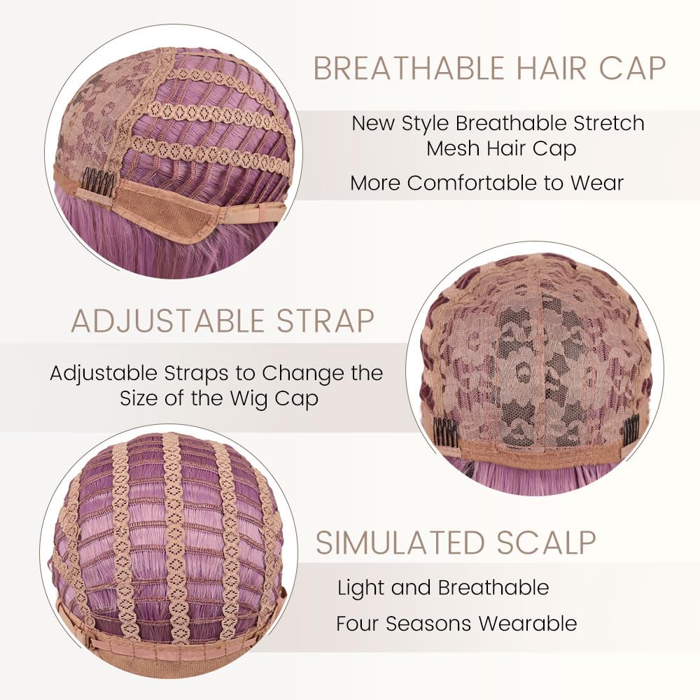 BATISI Lavender Pink Wavy Bob Synthetic Wig Short Shoulder Length Bangs