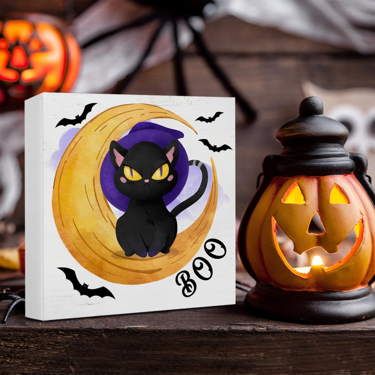 Hijie Halloween Black Cat Bat Wooden Sign Decor 5x5 Inches Indoor
