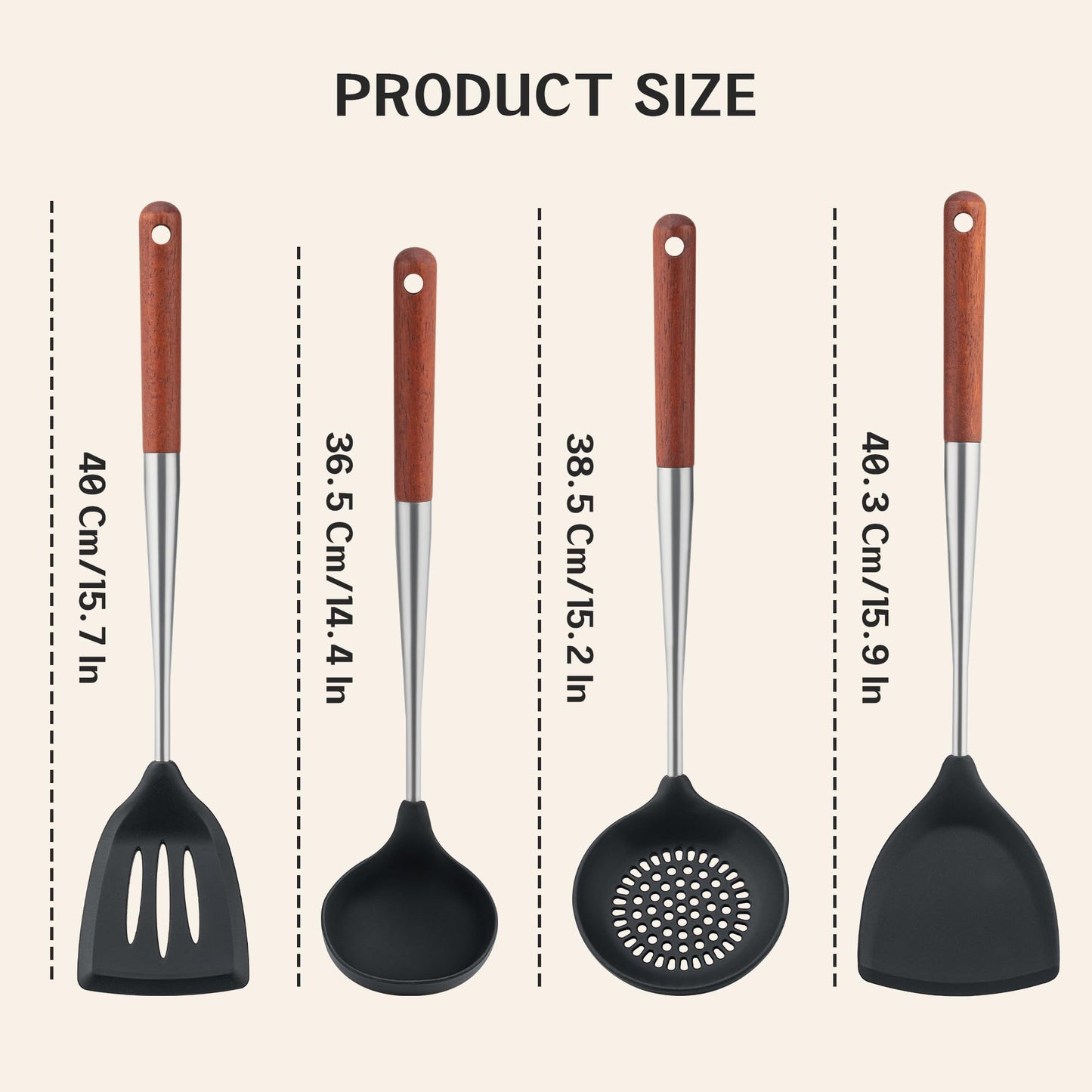 FJNATINH Silicone Spatula Turner Ladle Skimmer Set Stainless Steel Wood 4Pc