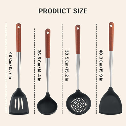 FJNATINH Silicone Spatula Turner Ladle Skimmer Set Stainless Steel Wood 4Pc