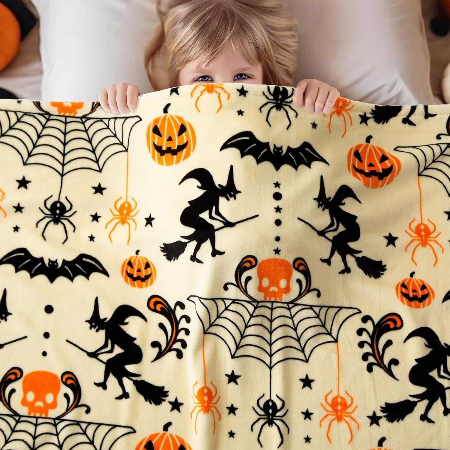 Generic Halloween Throw Blanket Witch Hat Spider Webs Cozy Flannel Multicolor