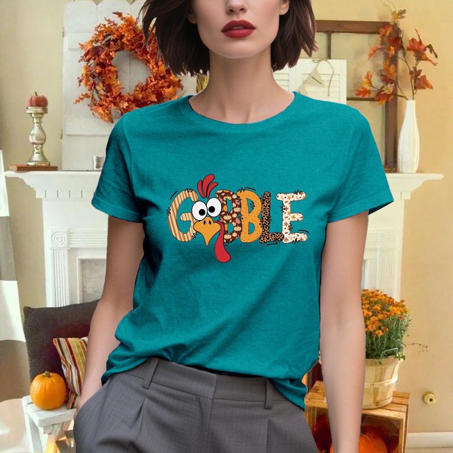Dabon Thanksgiving Turkey Leopard Letter Print Tee Tops Cyan Size XL