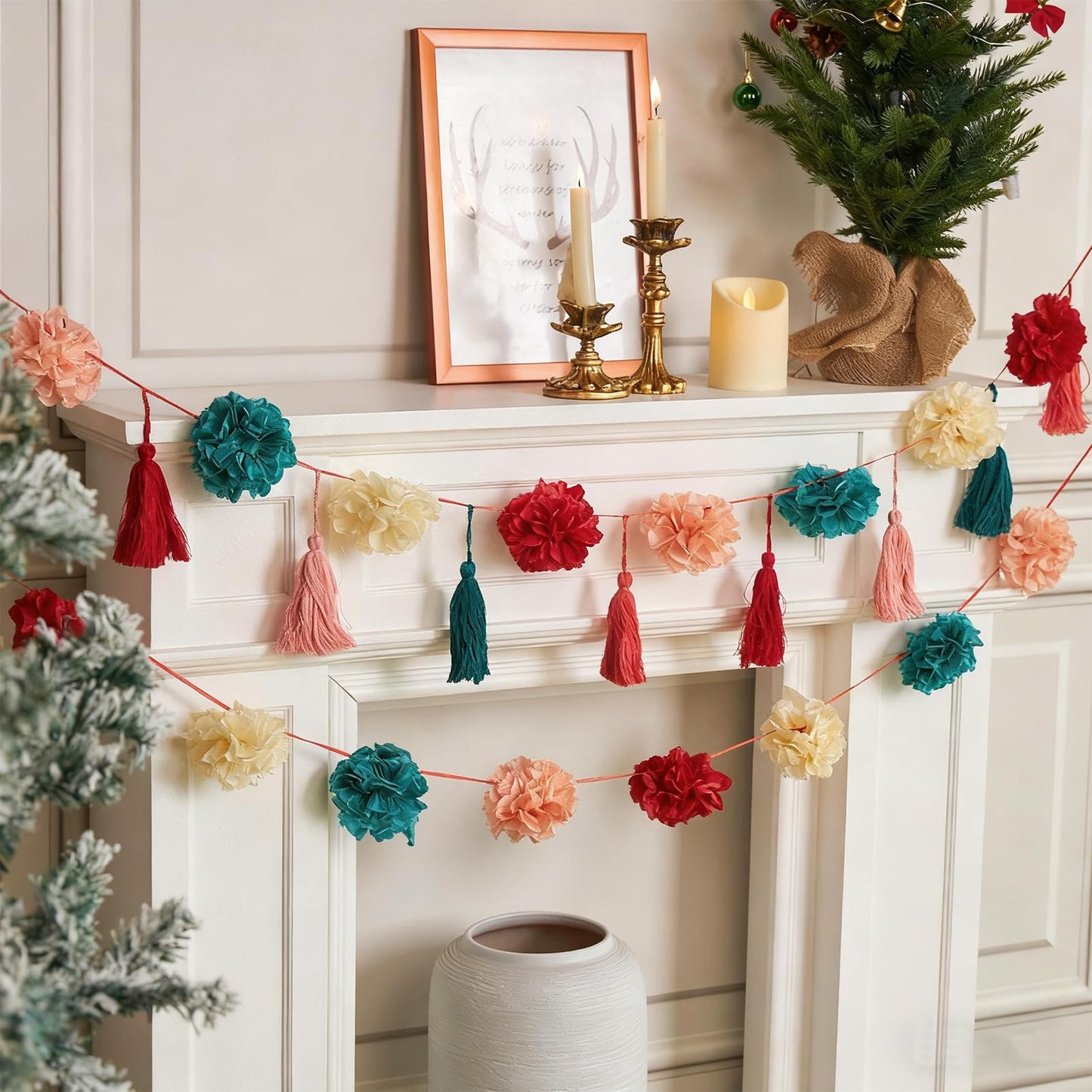 OBBOLO Tissue Paper Pompom Garland with Cotton Tassels 2 Pcs Red Green Pink