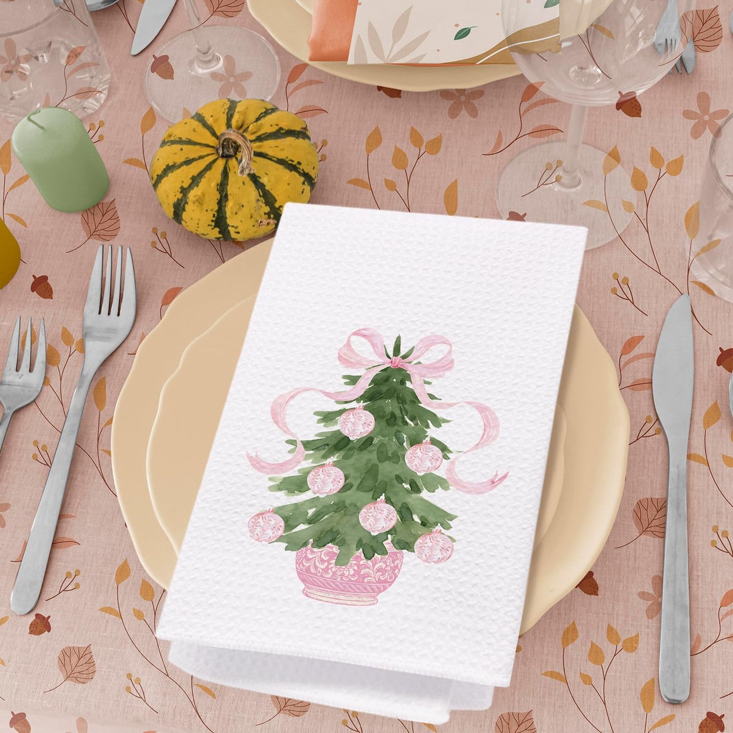 SPBL&L Chinoiserie Christmas Kitchen Towels Pink Bow Tree 16x24 Inch Set of 2