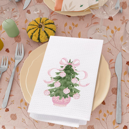 SPBL&L Chinoiserie Christmas Kitchen Towels Pink Bow Tree 16x24 Inch Set of 2