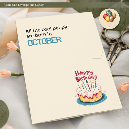 MOSSSH October Birthday Cards with Envelope Sticker Black Letter Print