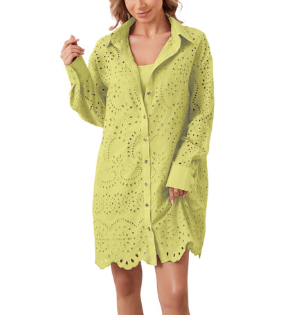 AIHUKOCY Women Hollow Out Button Down V Neck Long Sleeve Mini Dress Yellow M