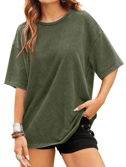 Remidoo Womens Oversized T Shirt Acid Wash Vintage Loose Fit Tee Army Green XL