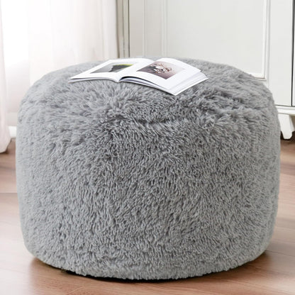 HIGOGOGO Round Faux Fur Stuffed Pouf Ottoman 26x18 Light Grey