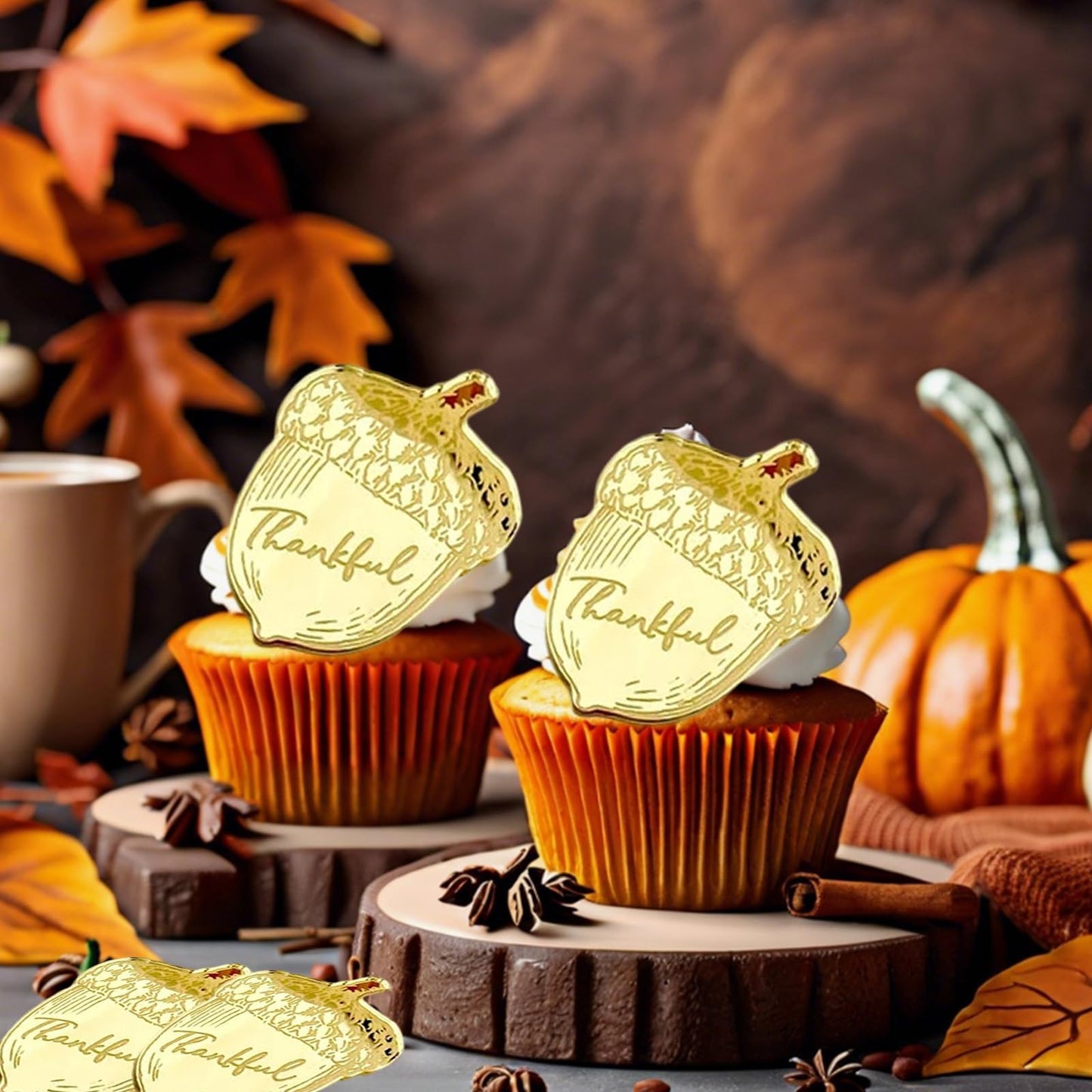 mdgfge 20Pcs Thanksgiving Gold Chestnut Acrylic Cupcake Toppers Decor