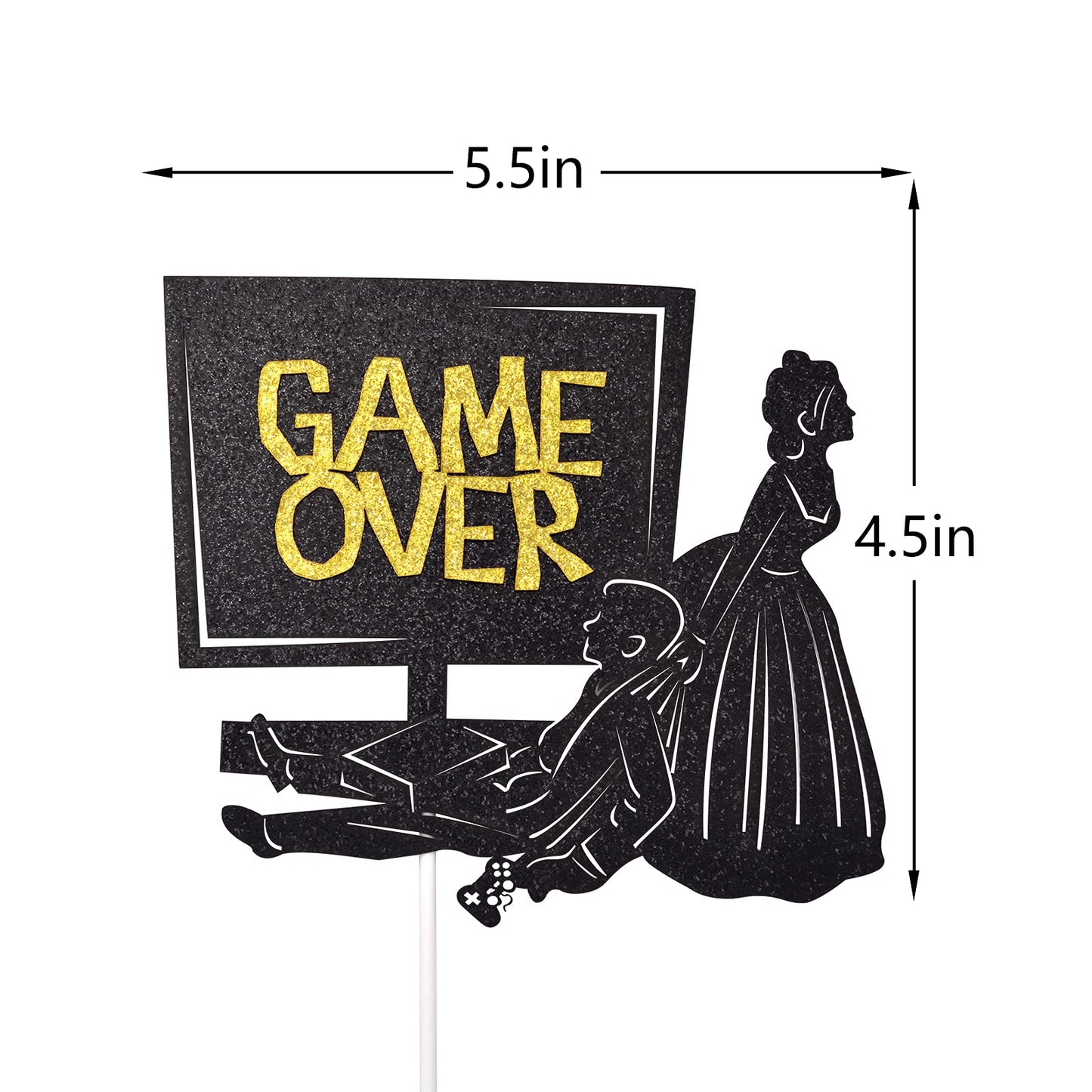 Little Man Game Over Wedding Cake Topper Double-sided Black Glitter 5.5x4.5in