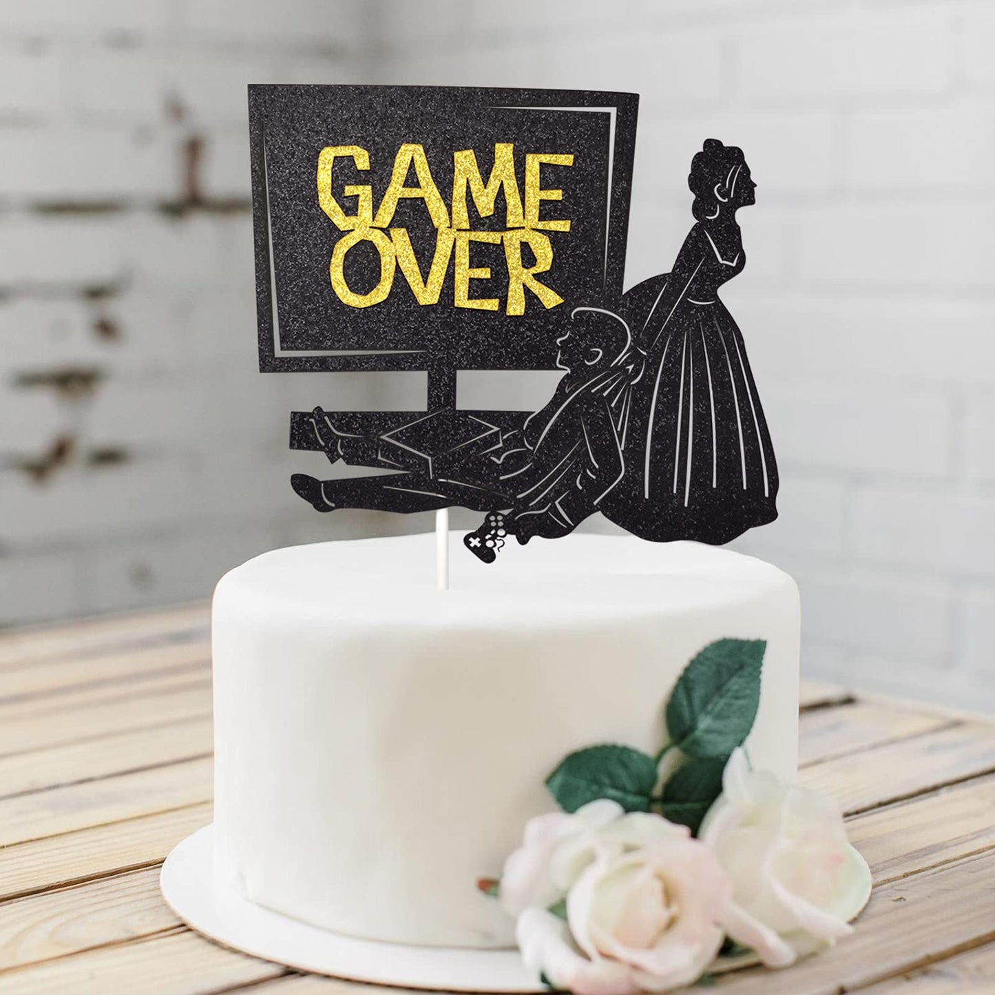 Little Man Game Over Wedding Cake Topper Double-sided Black Glitter 5.5x4.5in