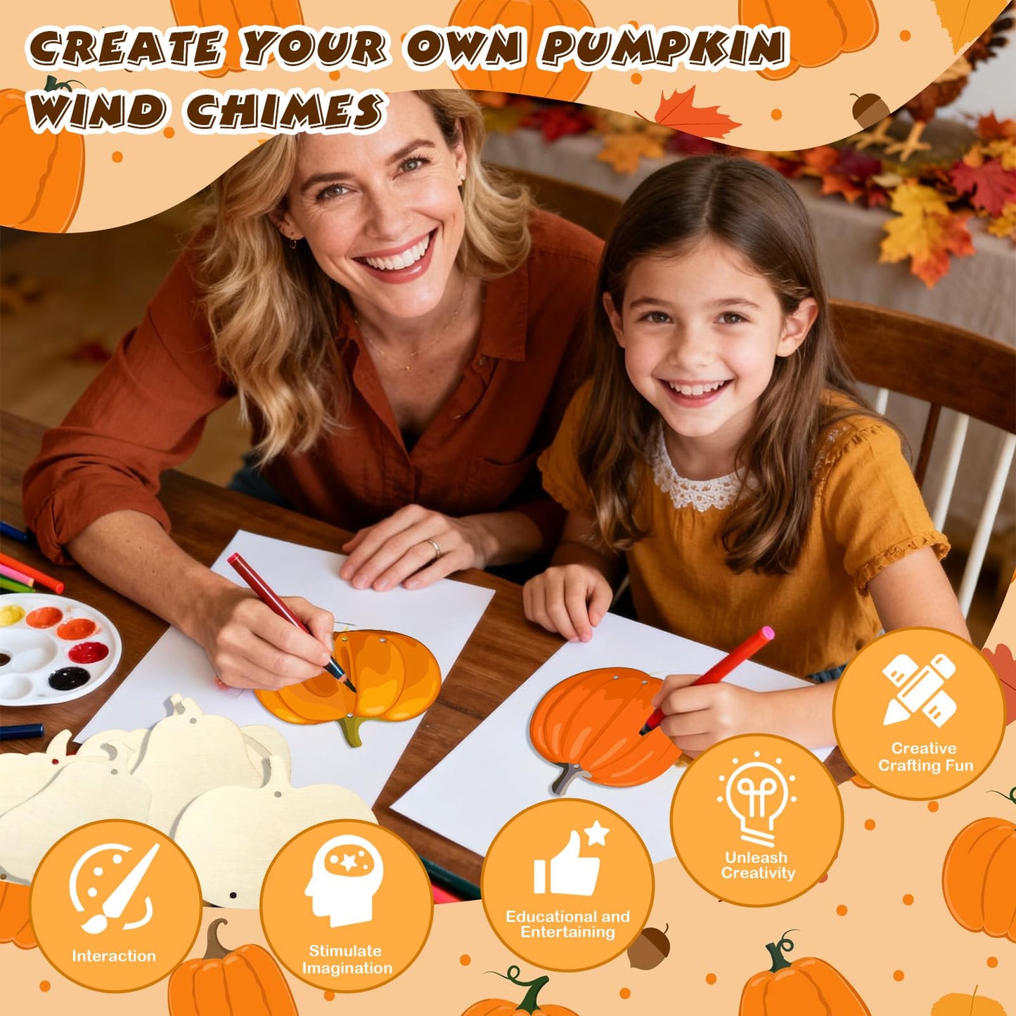 SRIZIAN Pumpkin Wind Chimes Kit DIY Wood Crafts Kids Autumn Party 8 Pack