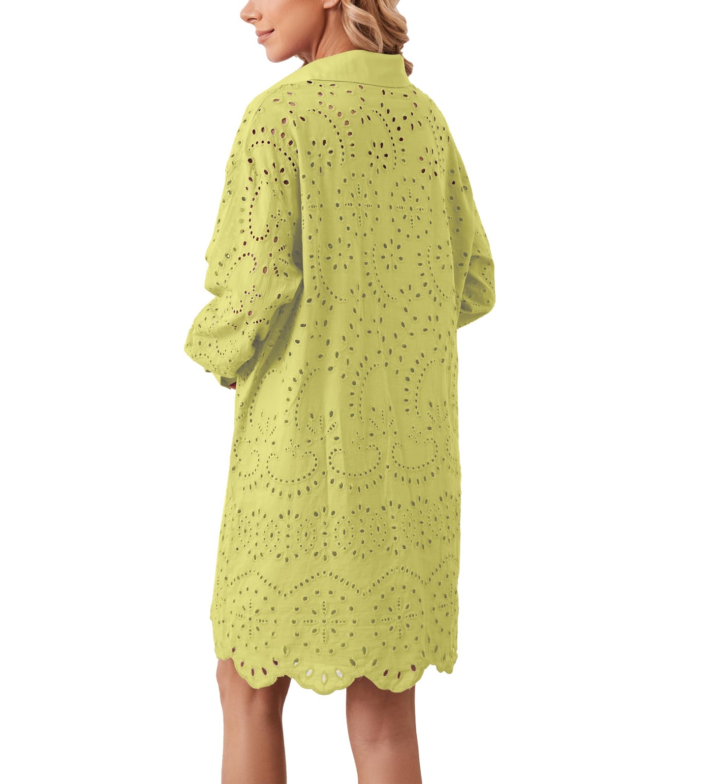 AIHUKOCY Women Hollow Out Button Down V Neck Long Sleeve Mini Dress Yellow M