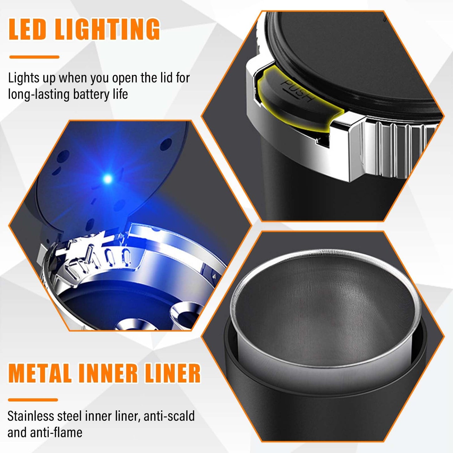 Kewucn Car Ashtray with Lid Portable Stainless Steel LED Blue Light Gold