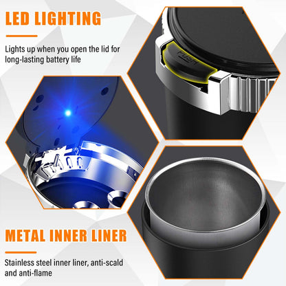 Kewucn Car Ashtray with Lid Portable Stainless Steel LED Blue Light Gold