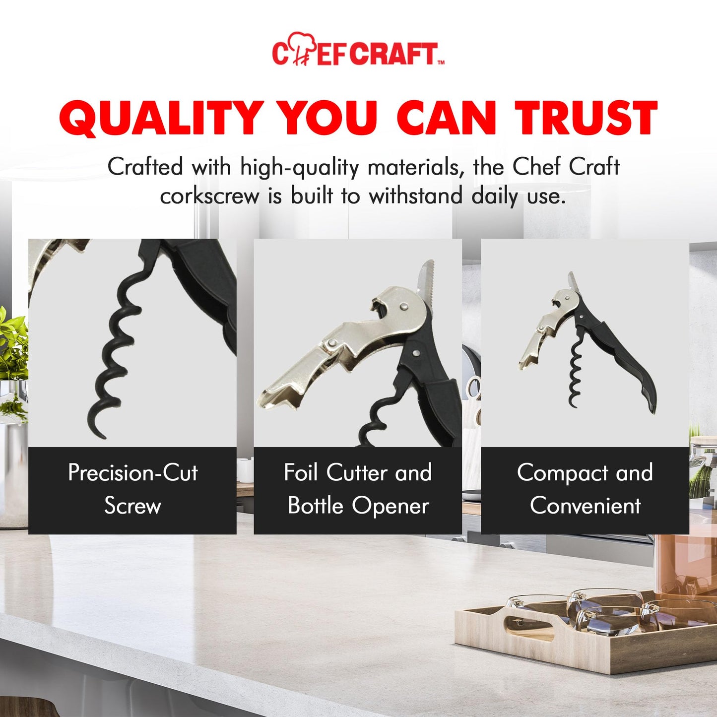 Chef Craft Select Waiters Corkscrew Foil Cutter Bottle Opener 5in Black