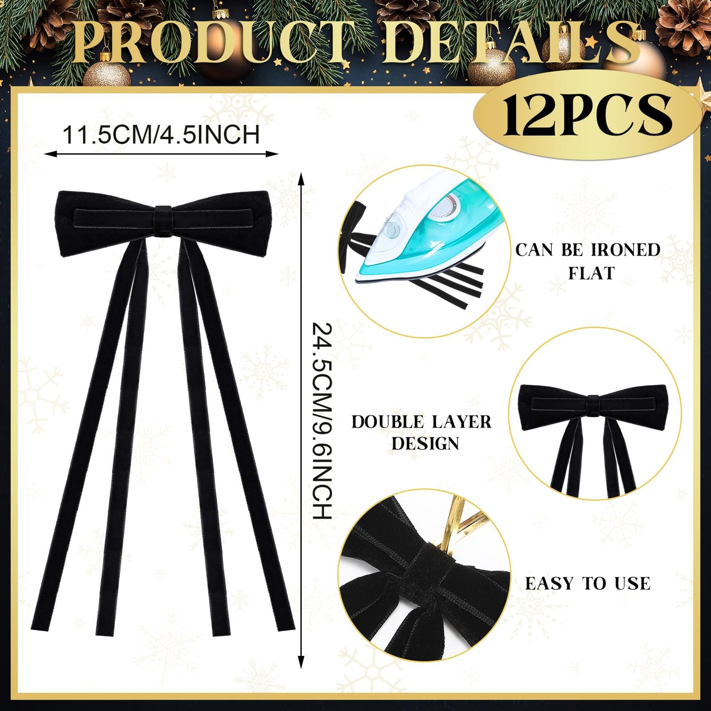 Simgoing Black Velvet Bows Christmas Ornaments 12 Pcs 10x4.5 Inch Rustic