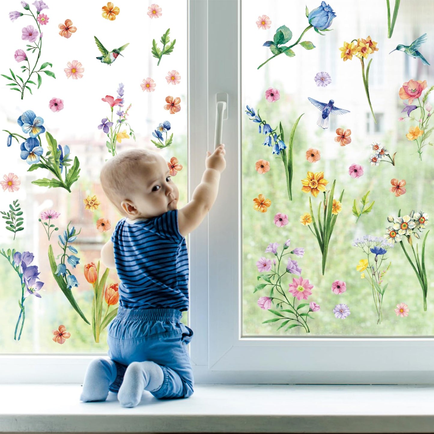 Aryroi Spring Flower Window Sticker Floral Decals Green 12.2x1.3 inch