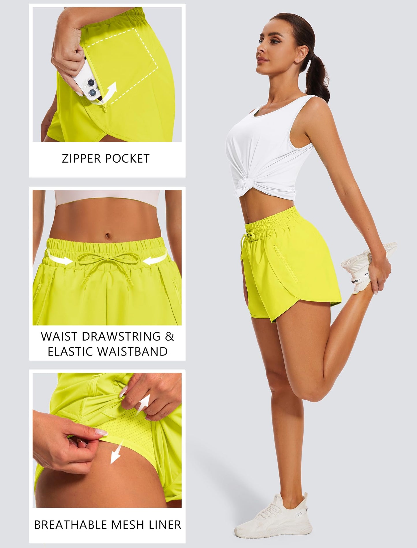 addigi Women's Running Shorts High Waisted Quick Dry Pockets Yellow Size L