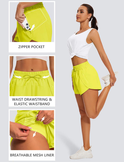 addigi Women's Running Shorts High Waisted Quick Dry Pockets Yellow Size L