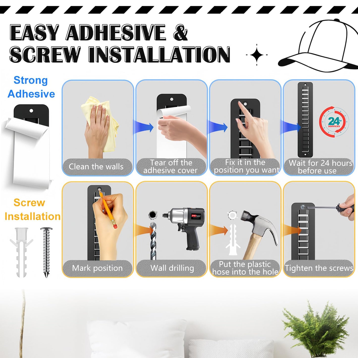 Generic Wall Mounted Hat Rack 2 Pack Adhesive Screw Mount Multilayer Cap Holder