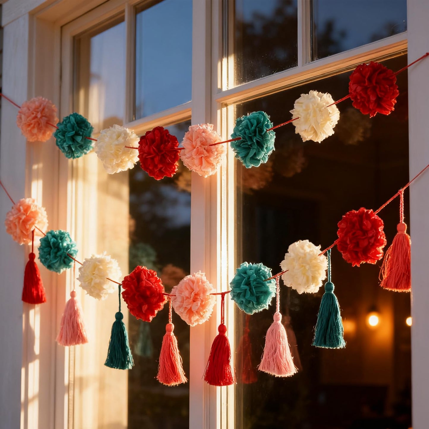 OBBOLO Tissue Paper Pompom Garland with Cotton Tassels 2 Pcs Red Green Pink