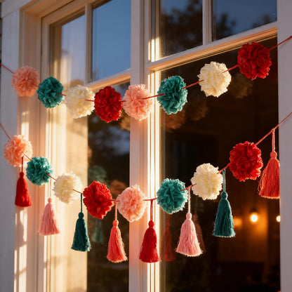 OBBOLO Tissue Paper Pompom Garland with Cotton Tassels 2 Pcs Red Green Pink
