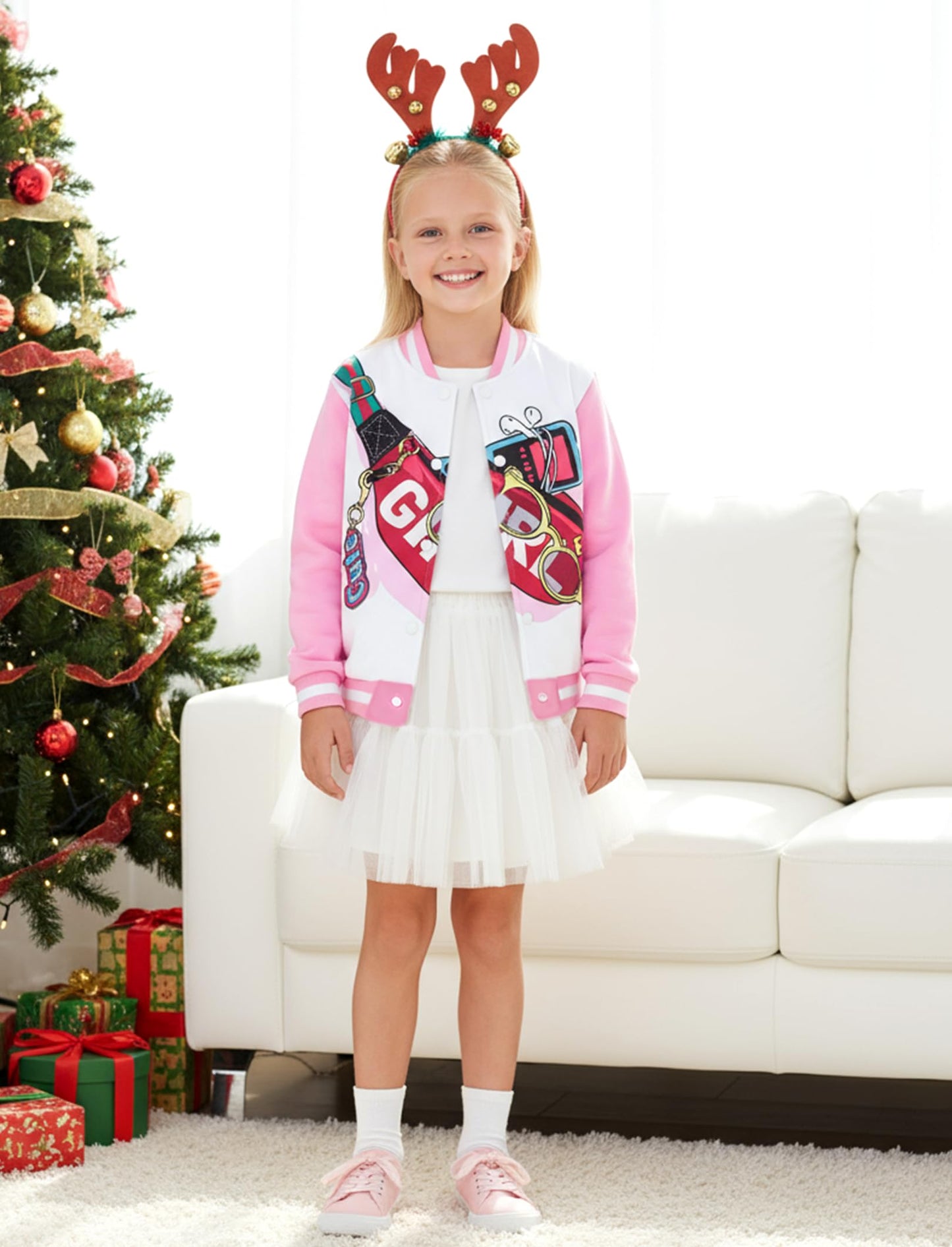 PATPAT Girls Varsity Baseball Jacket Pale Pink Bomber Coat Size 7-8