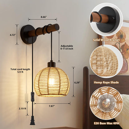 SGLfarmty Boho Rattan Plug-in Wall Sconces Set of 2 Rustic Hemp Rope