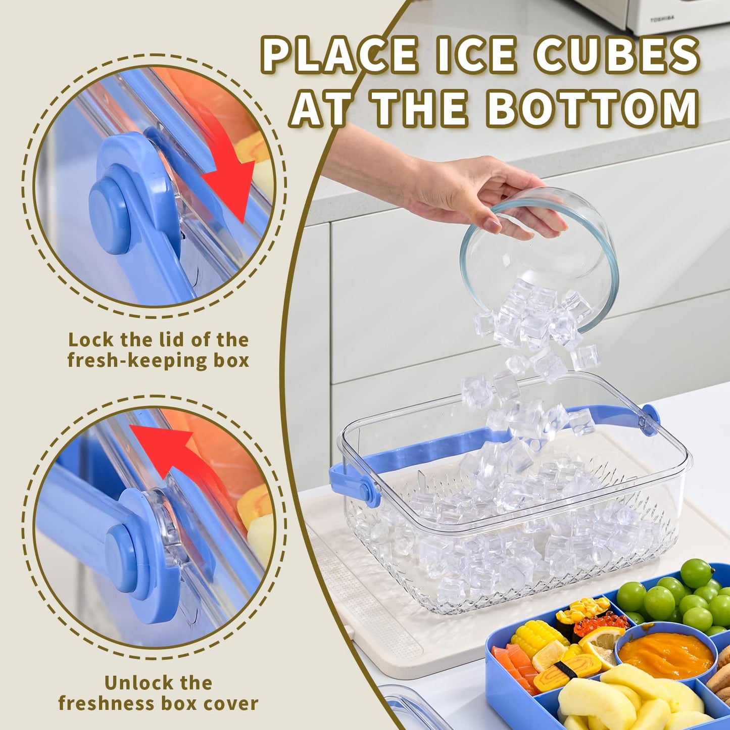 Hegrish Fruit Ice Serving Tray Clear Light Blue 4 Compartments with Lid